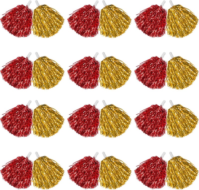 DILIBRA 24 Pcs Metallic Cheerleading Pom Poms for Kids, Cheerleaders Cheer Pom Poms with Baton Handle, Cheering Squad Hand Flower for Adults Team Spirit Sports Game Dancing Party - Image 1
